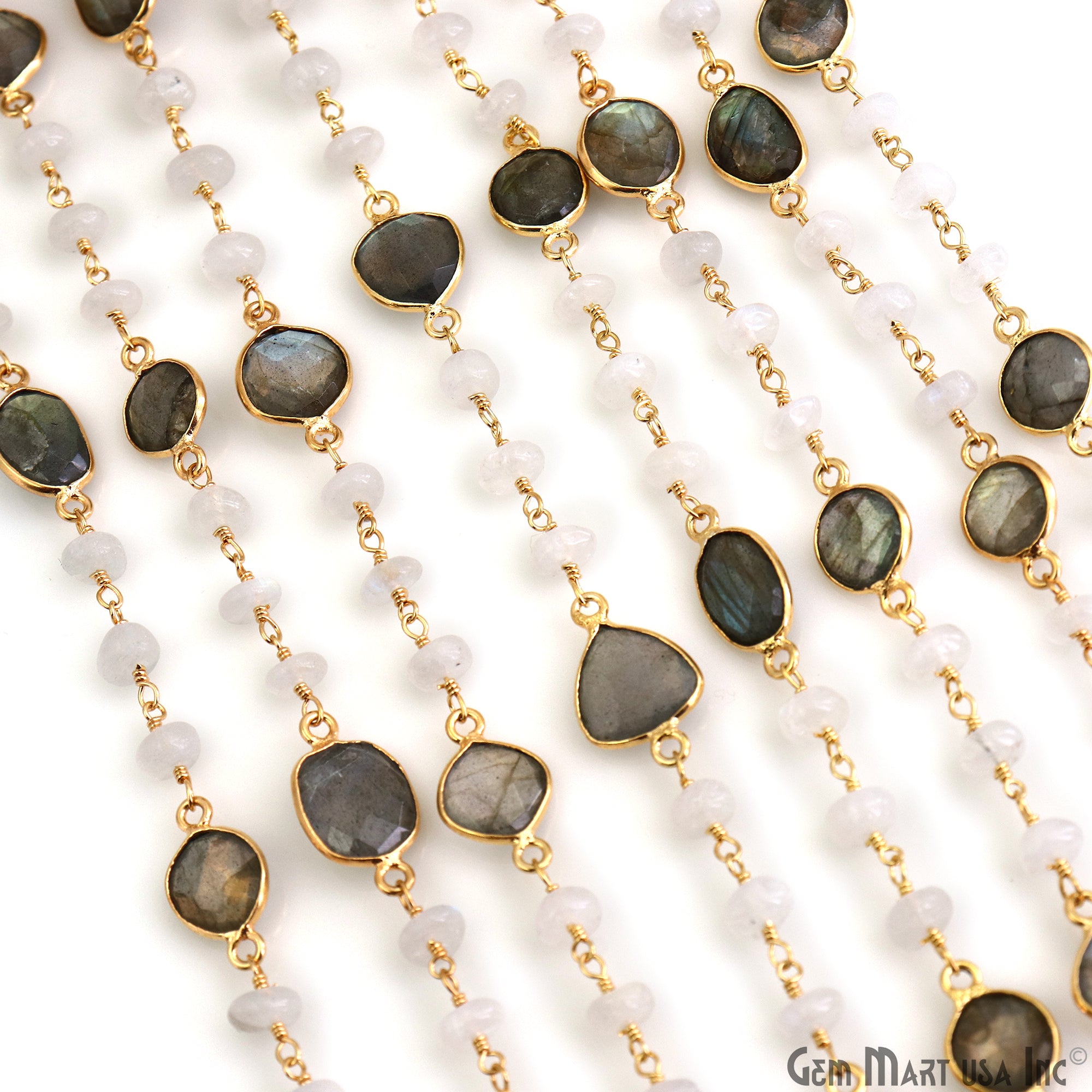 Labradorite & Rainbow Moonstone Beads Gold Plated Mix Shape Bezel Link Continuous Connector Chain