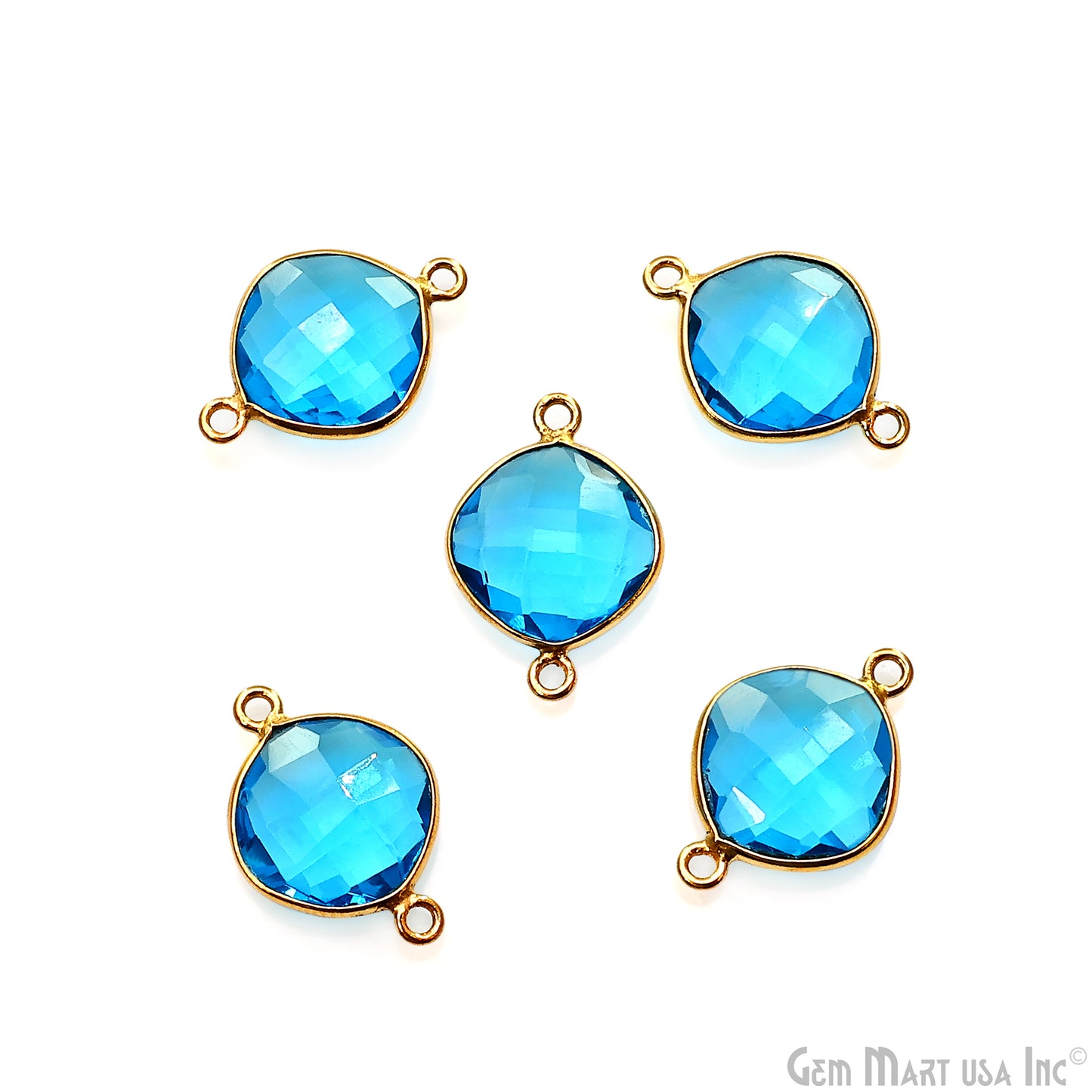 Blue Topaz Bezel Connector Cushion Shape 24K Gold Plated Double Bail Connector