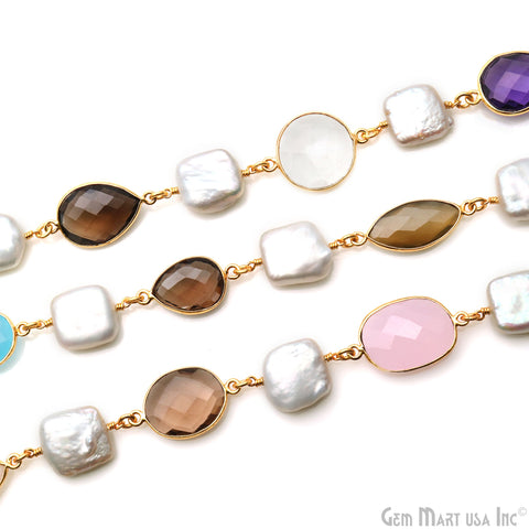 Multi-Color & Mix Shape Gemstone With Square Freshwater Pearl Beads 10-15mm Gold Bezel Faceted Continuous Connector Chains