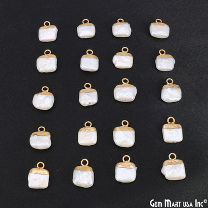 White Pearl Square Charm With Gold Electroplated Cap Single Bail Pendant