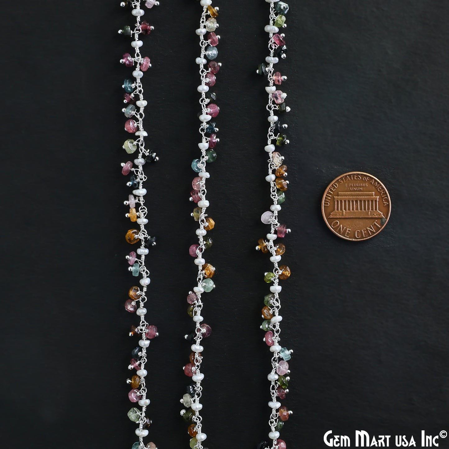 Multi Tourmaline & Pearl Beads Silver Plated Cluster Dangle Chain