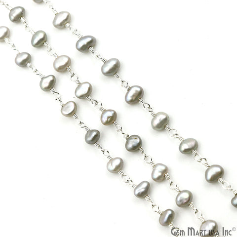 Gray Freshwater Pearl Free Form Beads 4-5mm Silver Plated Wire Wrapped Rosary Chain