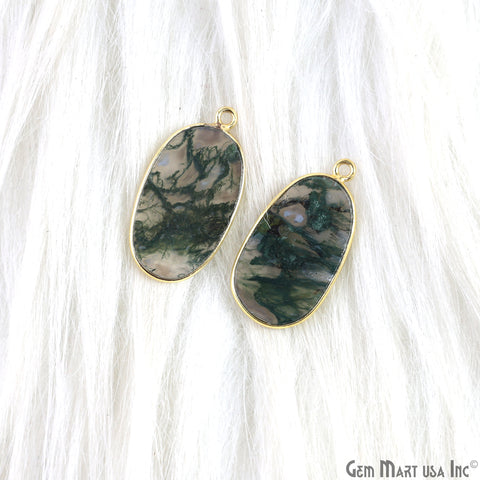 Moss Agate Oval Gold Plated Single Bail Bezel Smooth Slab Slice Thick Gemstone Connector 30x16mm 1 Pair
