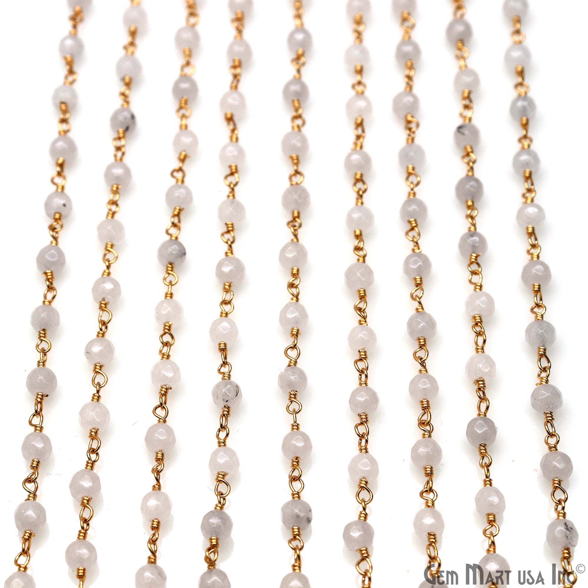 White Jade 4mm Faceted Beads Gold Wire Wrapped Rosary