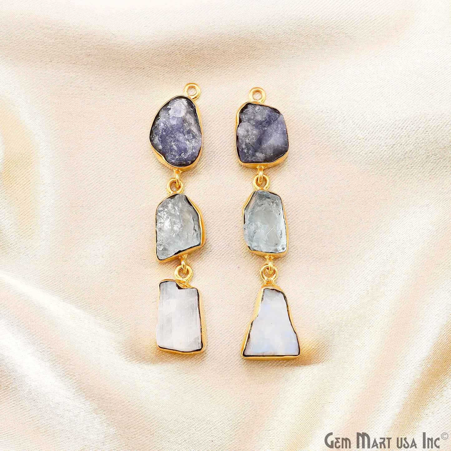 Rough Gemstone Bezel Setting 53x8mm Gold Plated Long Dangle Earring Pair Connectors