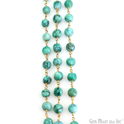 Turquoise Green Cabochon 6-7mm Gold Plated Wire Wrapped Rosary Chain