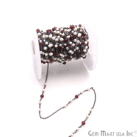 Garnet & Freshwater Pearl Multi Gemstone Beaded Wire Wrapped Rosary Chain - GemMartUSA