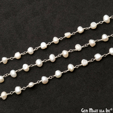 Freshwater Pearl Free Form Beads 5-6mm Silver Plated Wire Wrapped Rosary Chain