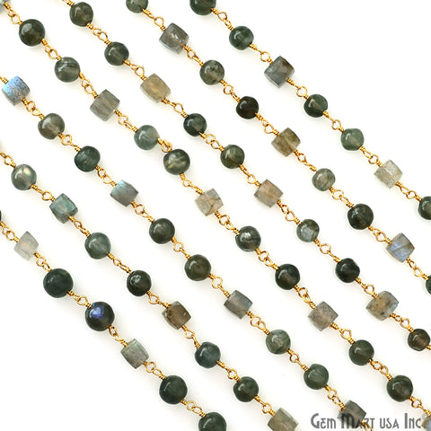 Labradorite Cabochon Round 5mm & Box 6mm Beads Gold Plated Rosary Chain