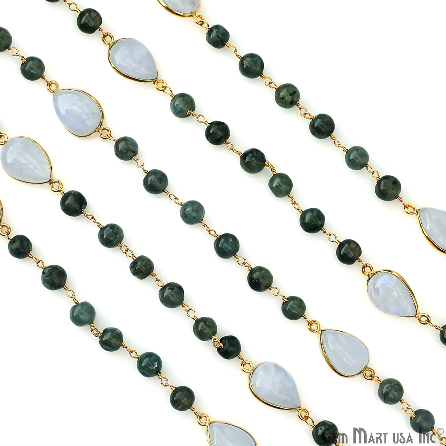 Labradorite Cabochon & Rainbow Moonstone Pears Bezel Gold Plated Wire Wrapped Rosary Chain