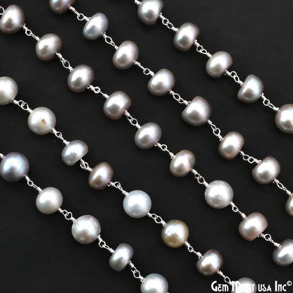 Gray Pearl Cabochon Beads 8-9mm Silver Plated Gemstone Rosary Chain