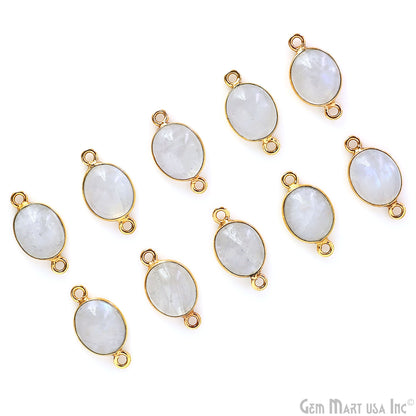 Rainbow Moonstone Cabochon 9x11mm Oval Gold Plated Double Bail Gemstone Connector