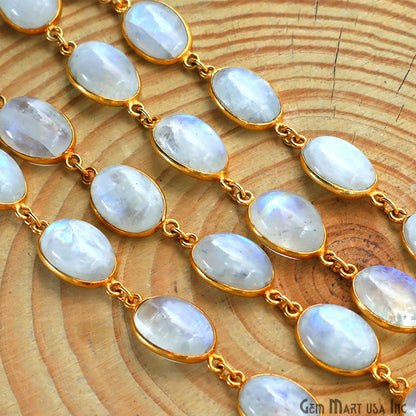 Rainbow Moonstone Cabochon Oval 10x14mm Gold Plated Continuous Connector Chain