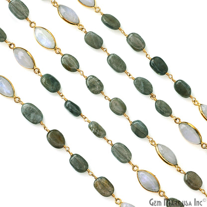 Labradorite Tumble & Rainbow Moonstone Bezel Gold Plated Wire Wrapped Rosary Chain