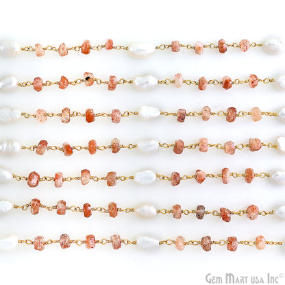 Sunstone 4-5mm & Pearl 8x5mm Beads Gold Plated Rosary Chain