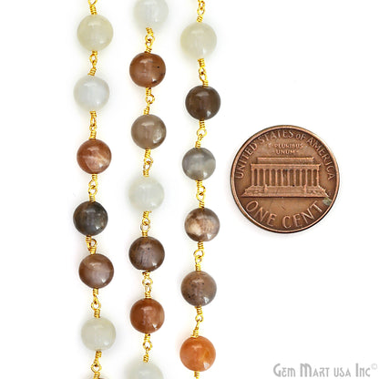 Multi Moonstone Cabochon Beads 8-9mm Gold Wire Wrapped Rosary Chain