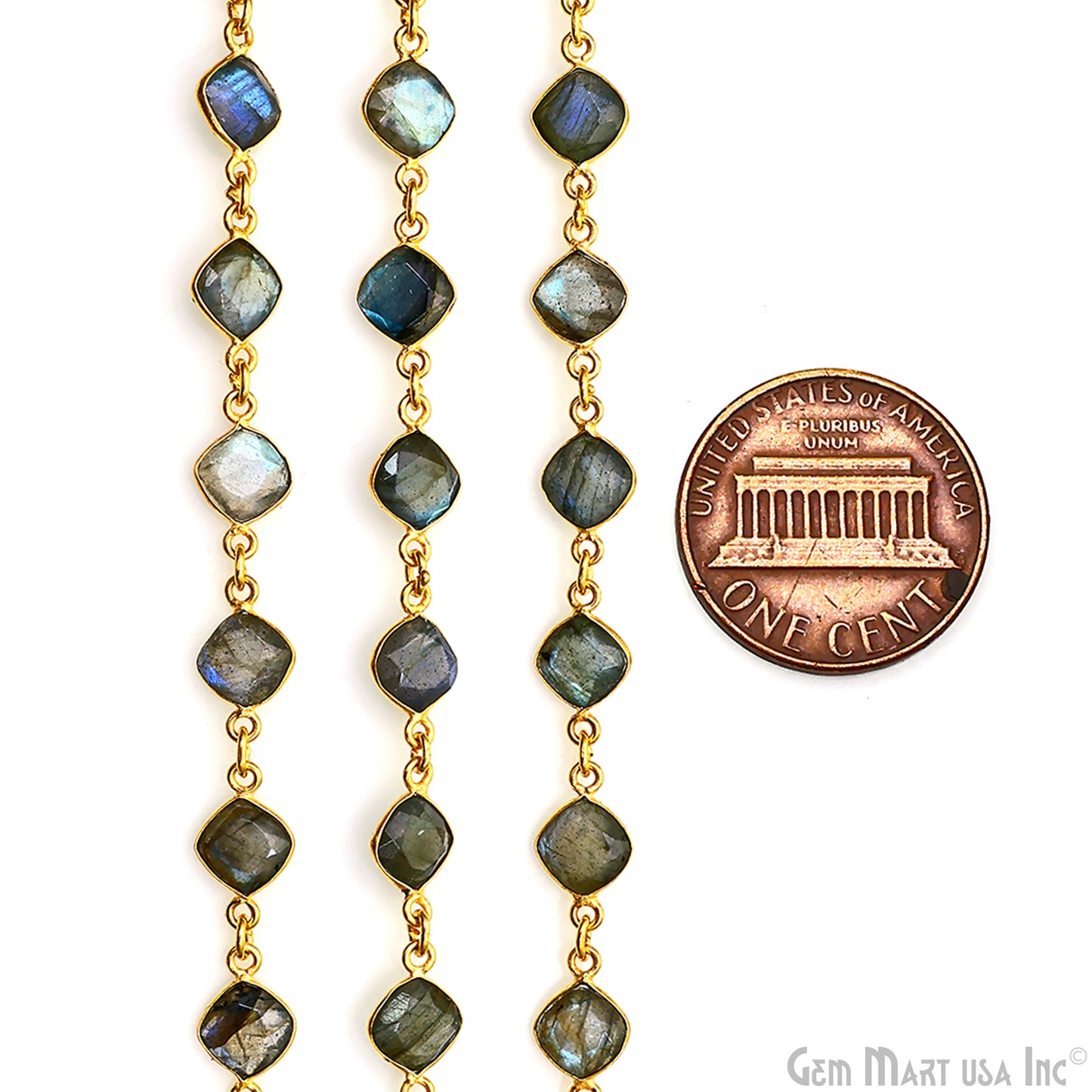 Labradorite Cushion 6-8mm Gold Plated Bezel Continuous Connector Chain