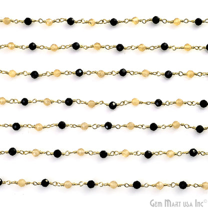 Caramel Monalisa & Black Monalisa Faceted 3-3.5mm Gold Plated Beaded Wire Wrapped Rosary Chain