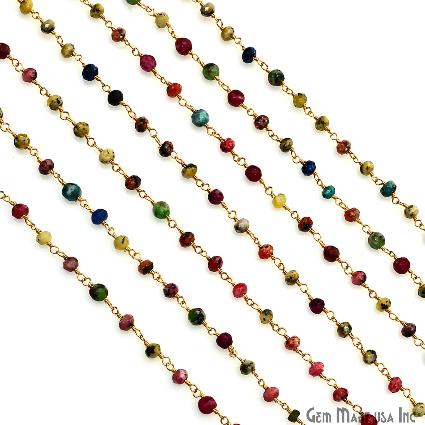 Multi Color Jade Round Faceted 4mm Gold Plated Wire Wrapped Rosary Chain