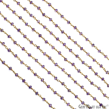 Pink Amethyst 3-3.5mm Gold Plated Beaded Wire Wrapped Rosary Chain