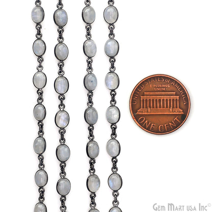 Rainbow Moonstone 6x8mm Oval Oxidized Bezel Cabochon Continuous Connector Chain