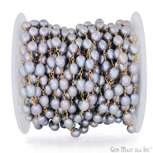 Gray Pearl Free Form Beads 10-15mm Gold Wire Wrapped Rosary Chain