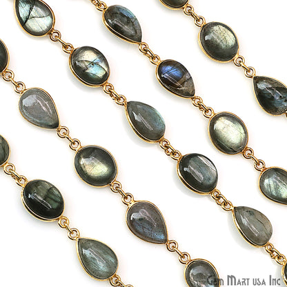 Labradorite Oval 9x11mm & Pears 8x12mm Gold Plated Bezel Cabochon Continuous Connector Chain