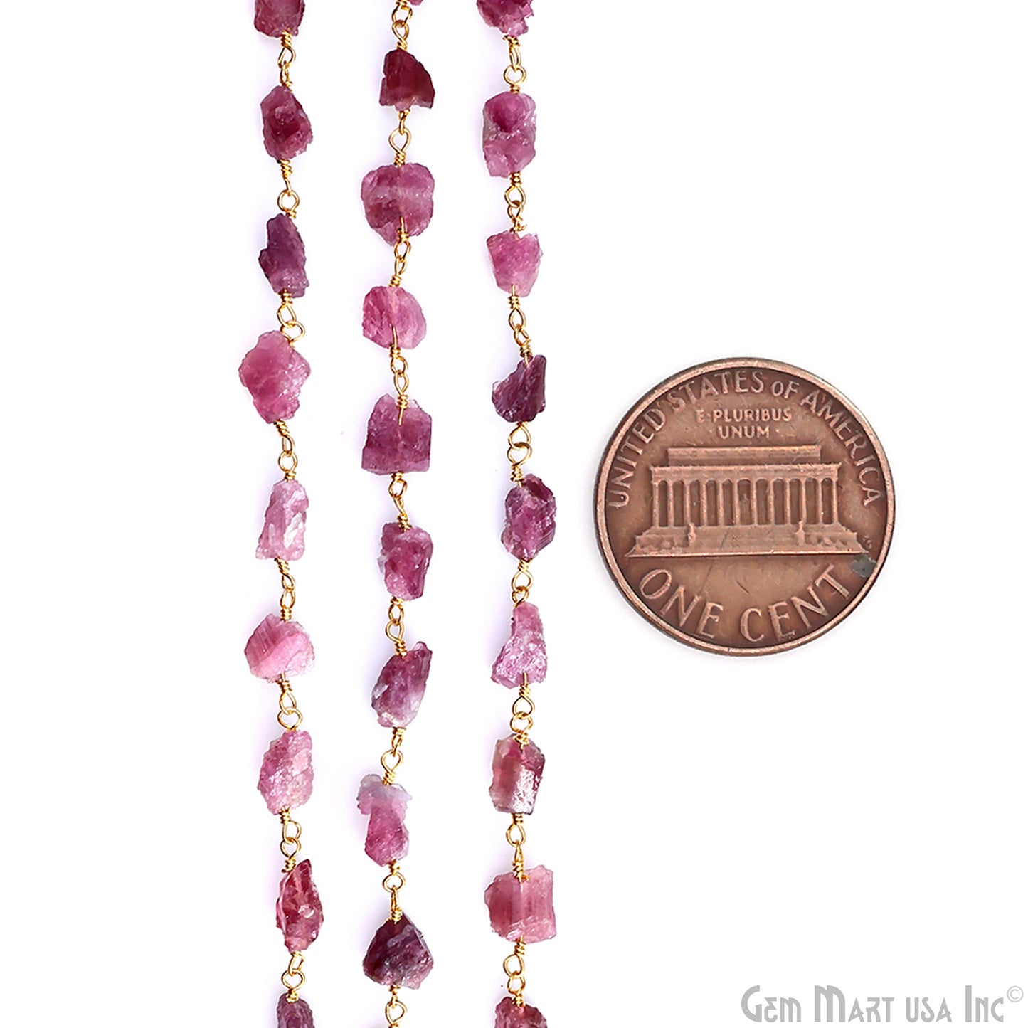 Pink Tourmaline 6x8mm Nugget Rough Gemstone Gold Wire Wrapped Rosary Chain