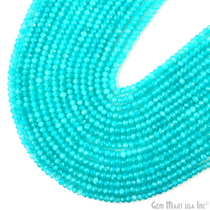 Aqua Chalcedony Rondelle Beads, 12.5 Inch Gemstone Strands, Drilled Strung Nugget Beads, Faceted Round, 3-4mm