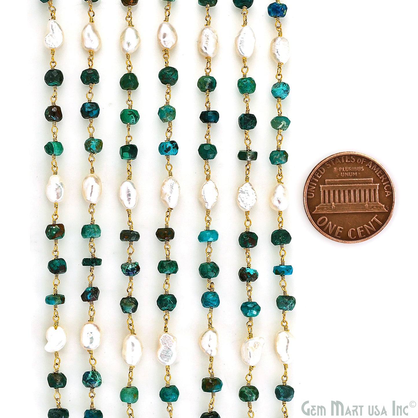 Chrysocolla and Pearl Rondelle Beads Gold Wire Wrapped Rosary Chain