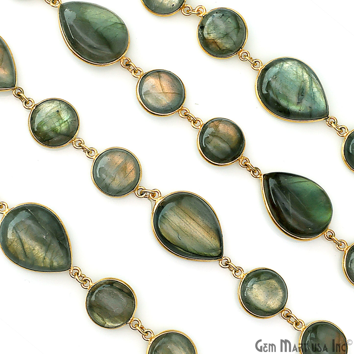 Labradorite Cabochon Round & Pears Shape Gold Plated Continuous Connector Chain