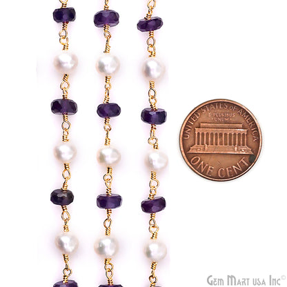 Amethyst With Pearl Gold Plated Wire Wrapped Beads Rosary Chain