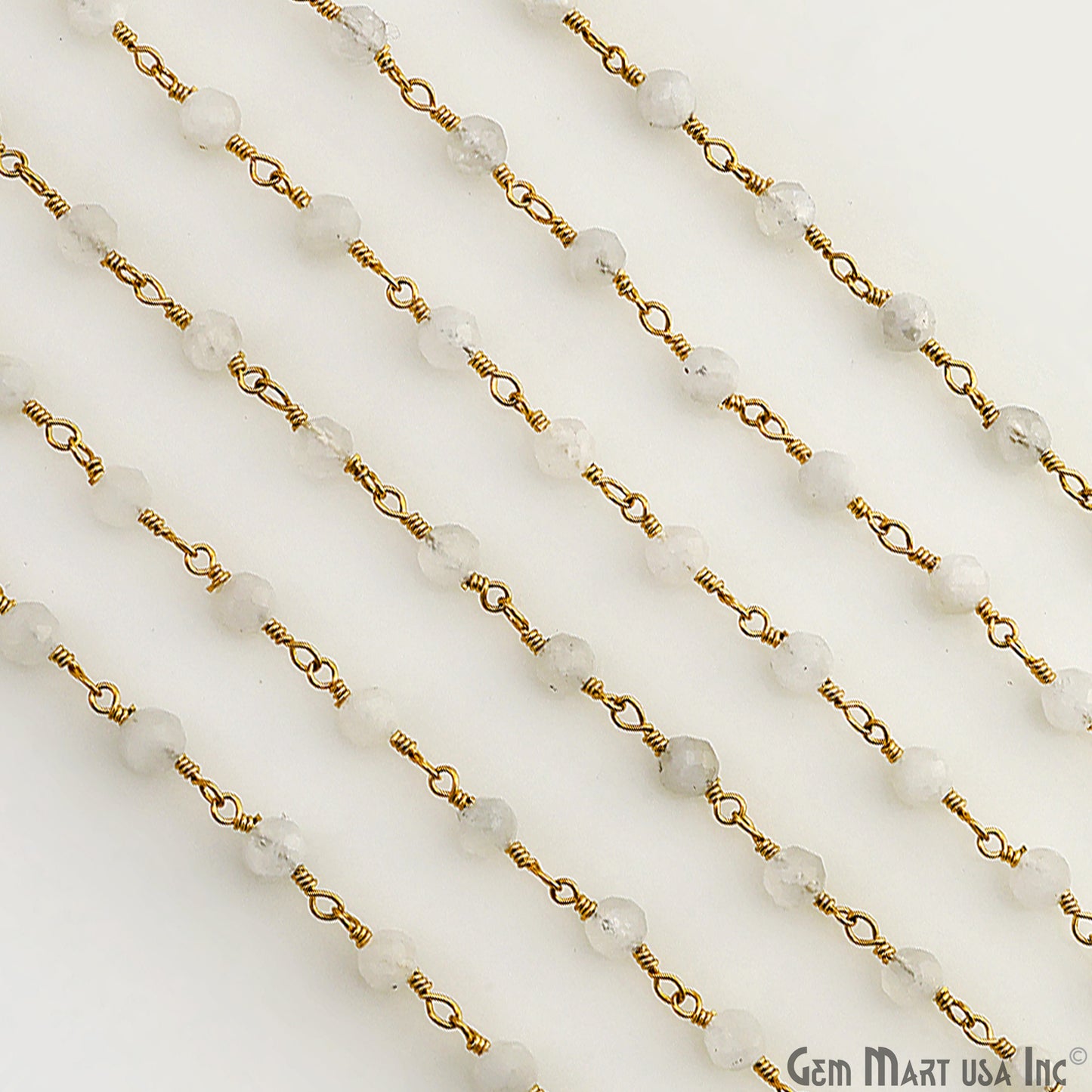 Rainbow Moonstone 4mm Gold Plated Beaded Wire Wrapped Rosary Chain