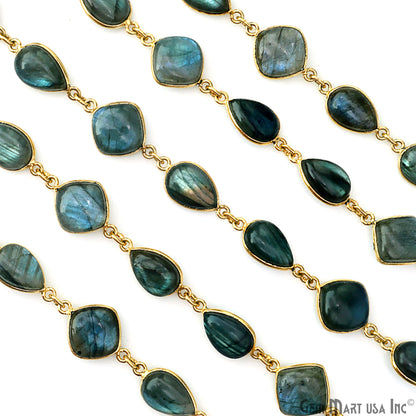 Labradorite Cabochon Pears & Cushion Shape Gold Plated Continuous Connector Chain