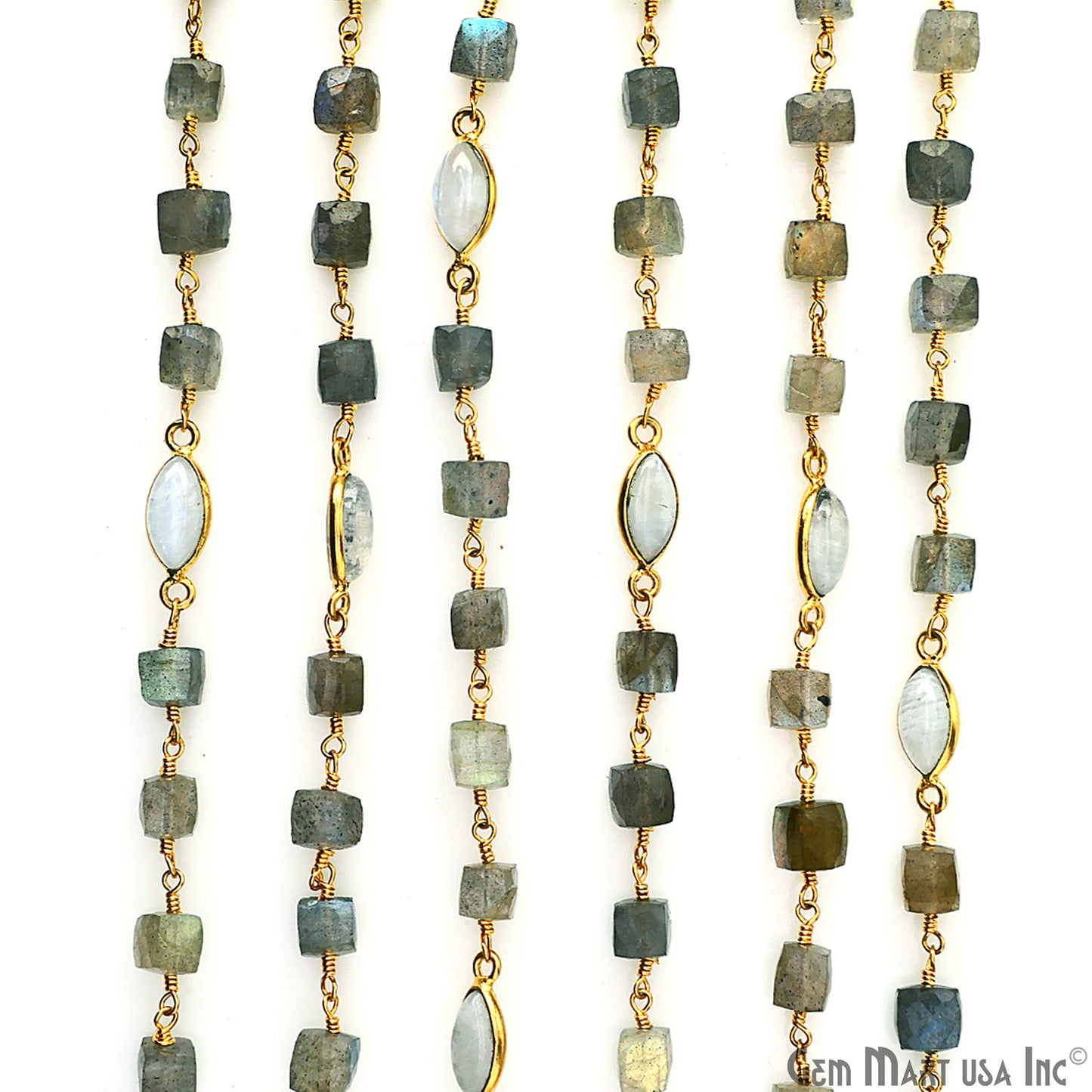 Labradorite Box Beads & Moonstone Bezel Connector Gold Plated Rosary Chain