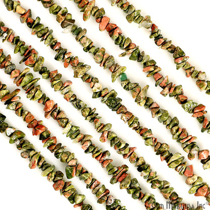 Unakite Chip Beads, 34 Inch, Natural Chip Strands, Drilled Strung Nugget Beads, 3-7mm, Polished, GemMartUSA (CHUN-70001)