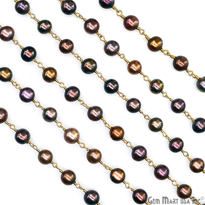 Golden Pearl Cabochon Beads 6-7mm Gold Plated Gemstone Rosary Chain