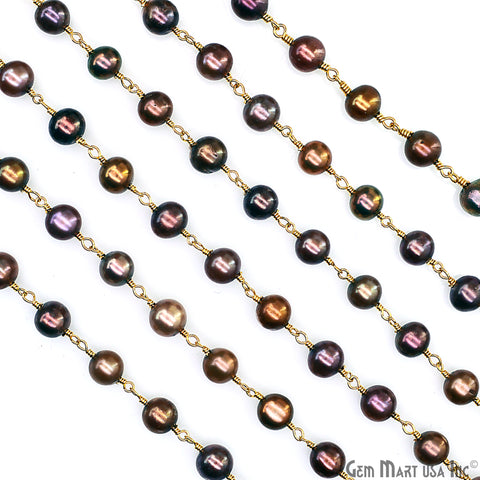 Golden Pearl Cabochon Beads 6-7mm Gold Plated Gemstone Rosary Chain