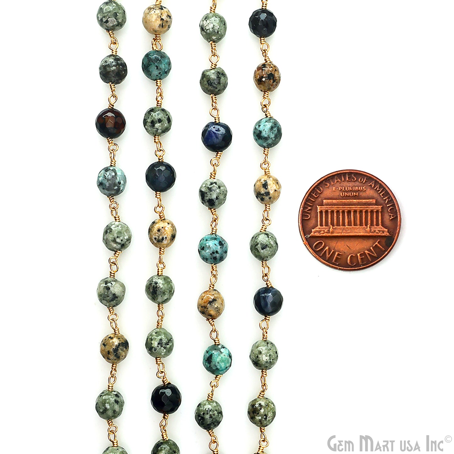 Multi Color Jade Faceted 8mm Gold Plated Wire Wrapped Rosary Chain