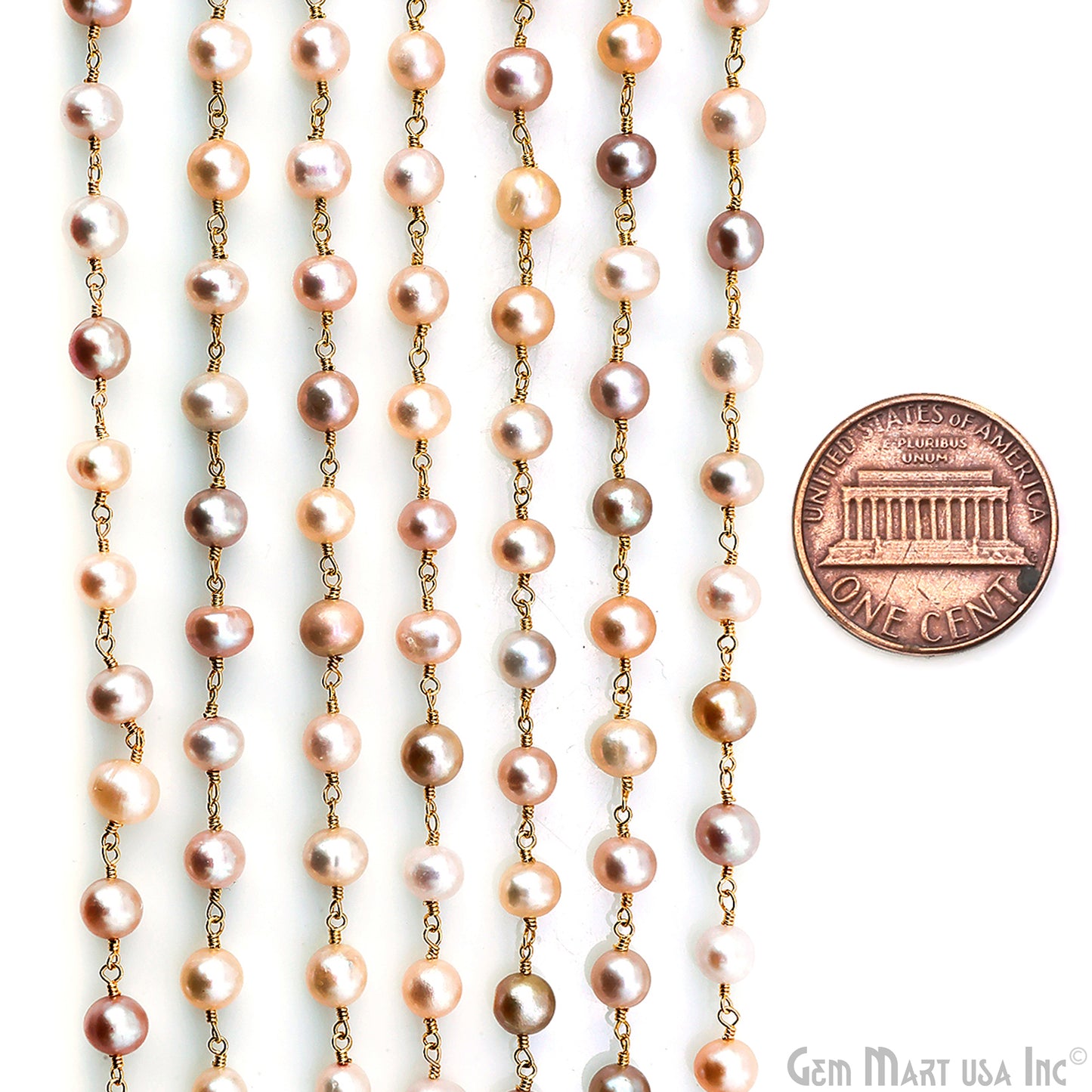 Pink Pearl Cabochon Beads 6-7mm Gold Plated Gemstone Rosary Chain