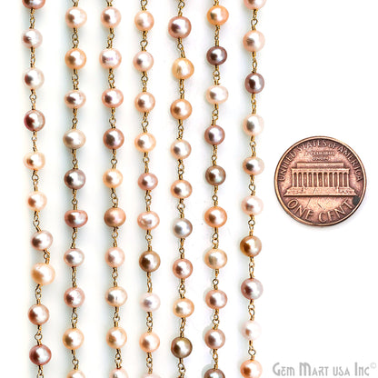 Pink Pearl Cabochon Beads 6-7mm Gold Plated Gemstone Rosary Chain