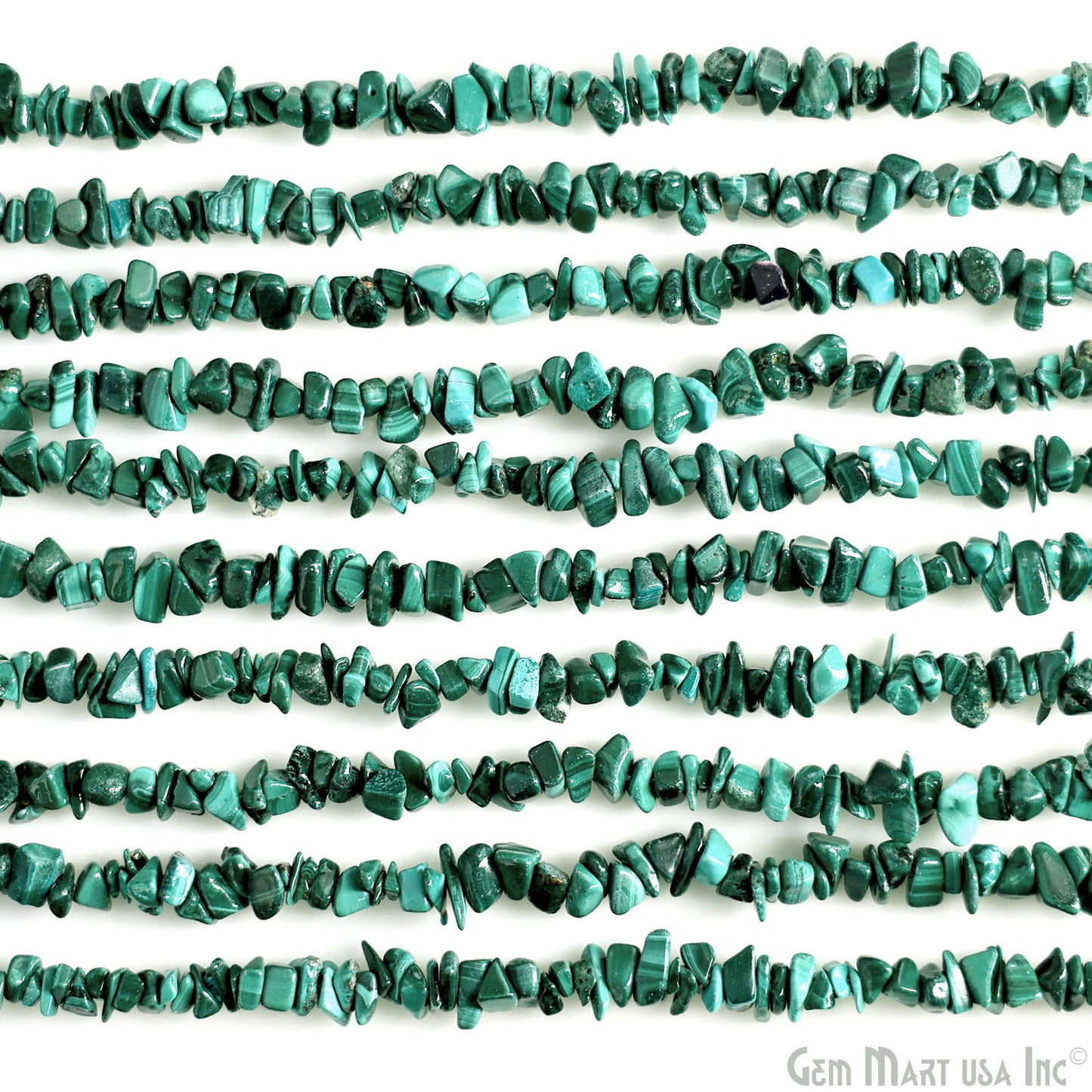 Malachite Chip Beads, 34 Inch, Natural Chip Strands, Drilled Strung Nugget Beads, 3-7mm, Polished, GemMartUSA (CHMC-70001)