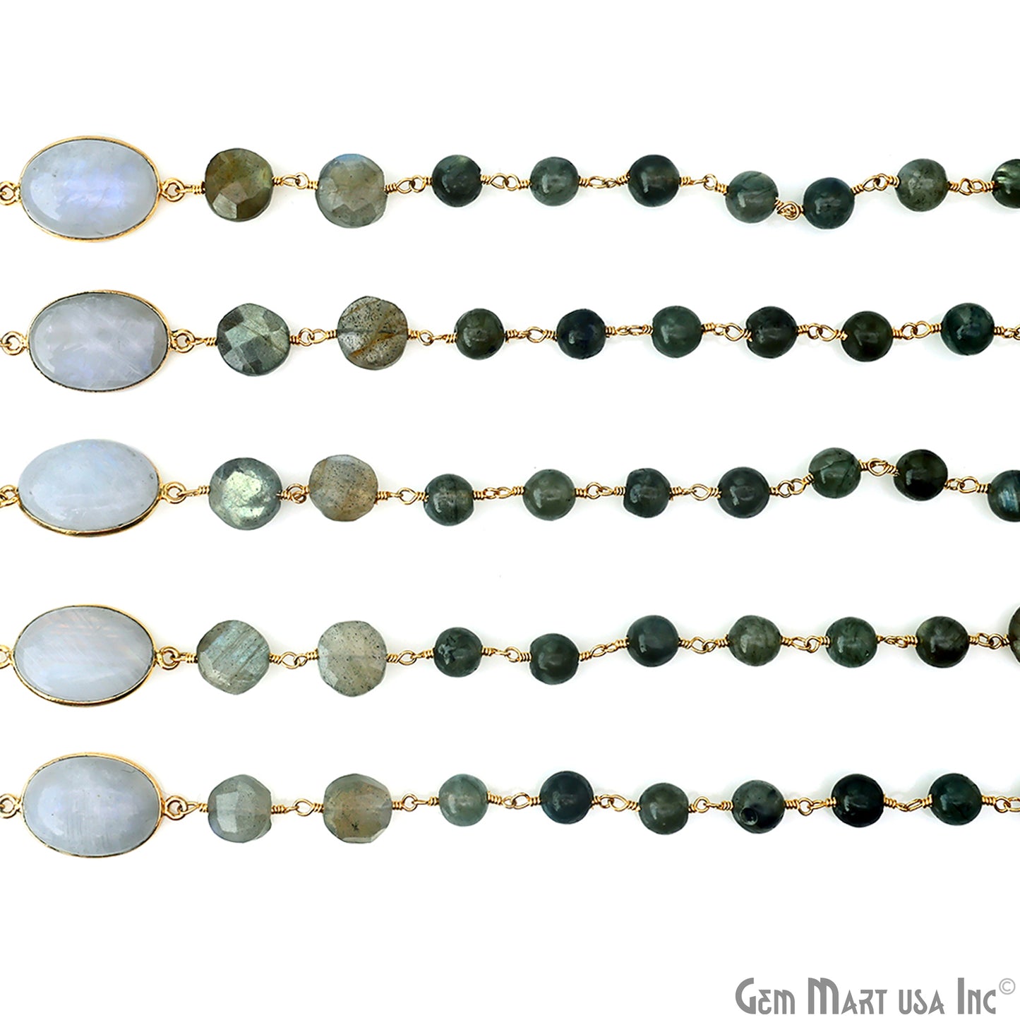 Labradorite Beads & Coin With Rainbow Moonstone Oval Bezel Gold Plated Rosary Chain