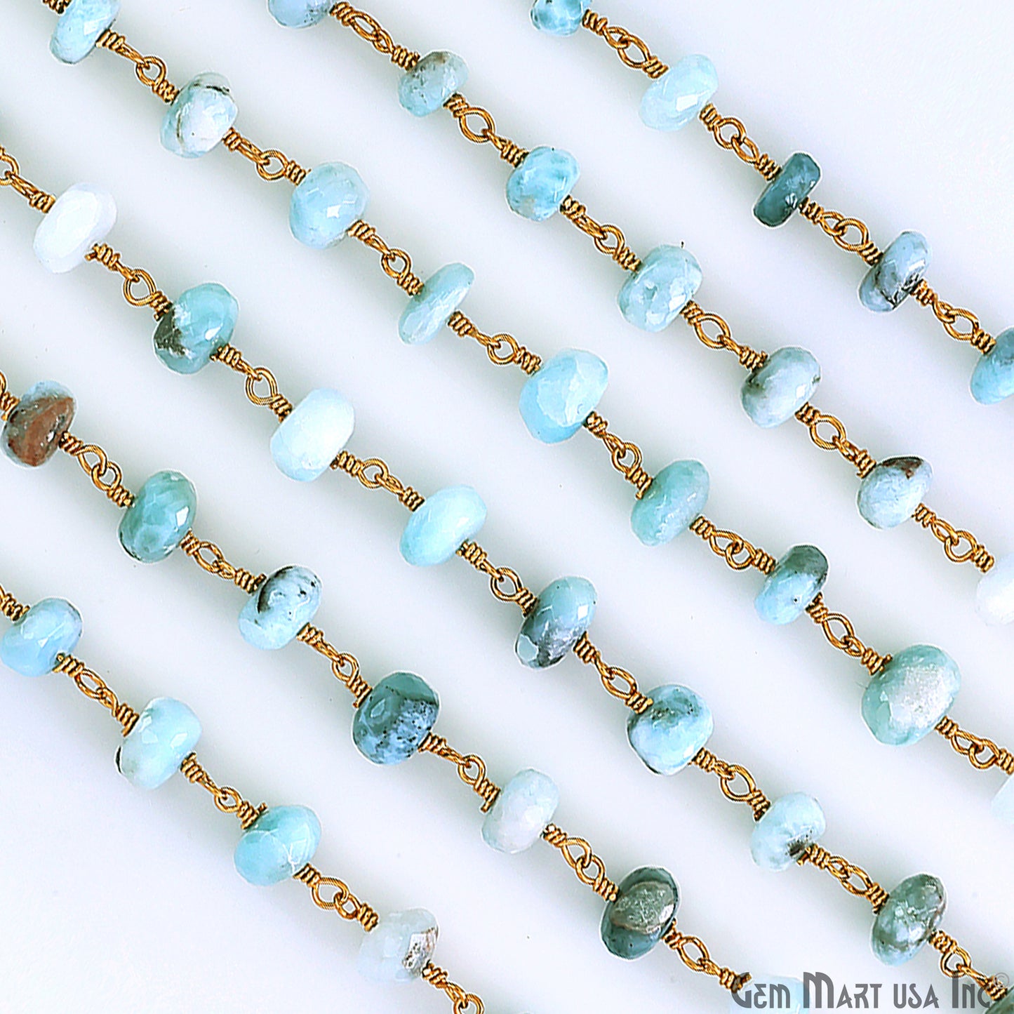 Larimar Faceted 5-6mm Gold Plated Beaded Wire Wrapped Rosary Chain