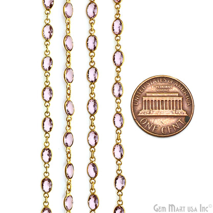 Pink Zircon Oval 7x5mm Bezel Link Silver Plated Continuous Connector Chain