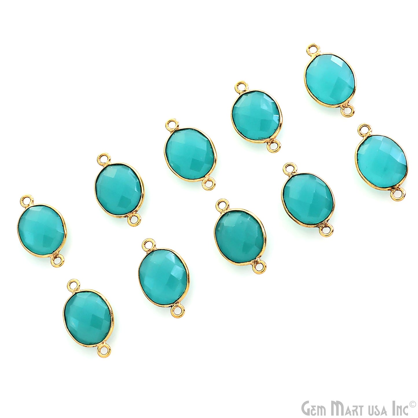 Natural Aqua Chalcedony Oval 10x12mm Gold Plated Double Bail Connector