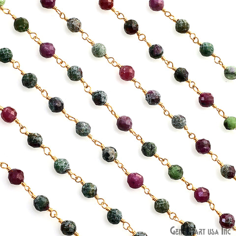 Ruby Zoisite 4mm Gold Plated Beaded Wire Wrapped Rosary Chain
