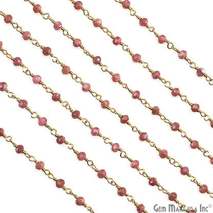 Pink Tourmaline 3-3.5mm Gold Plated Beaded Wire Wrapped Rosary Chain