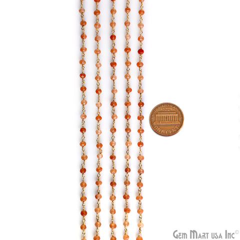 Sunstone 4mm Round Faceted Beads Gold Wire Wrapped Rosary