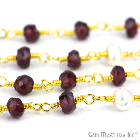 Garnet With Freshwater Pearl Gold Plated Wire Wrapped Beads Rosary Chain - GemMartUSA